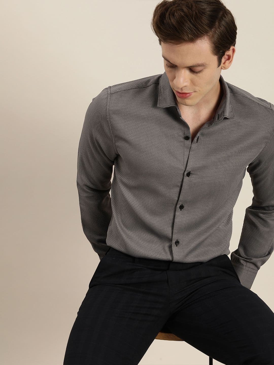 Invictus Men Easy Care Grey & Black Self Design Formal Shirt