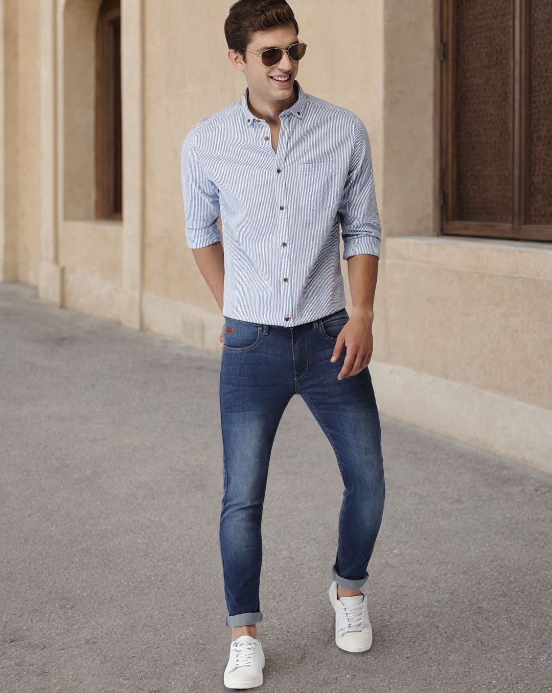 Mast & Harbour Men Blue & White Slim Fit Striped Casual Shirt — view 4