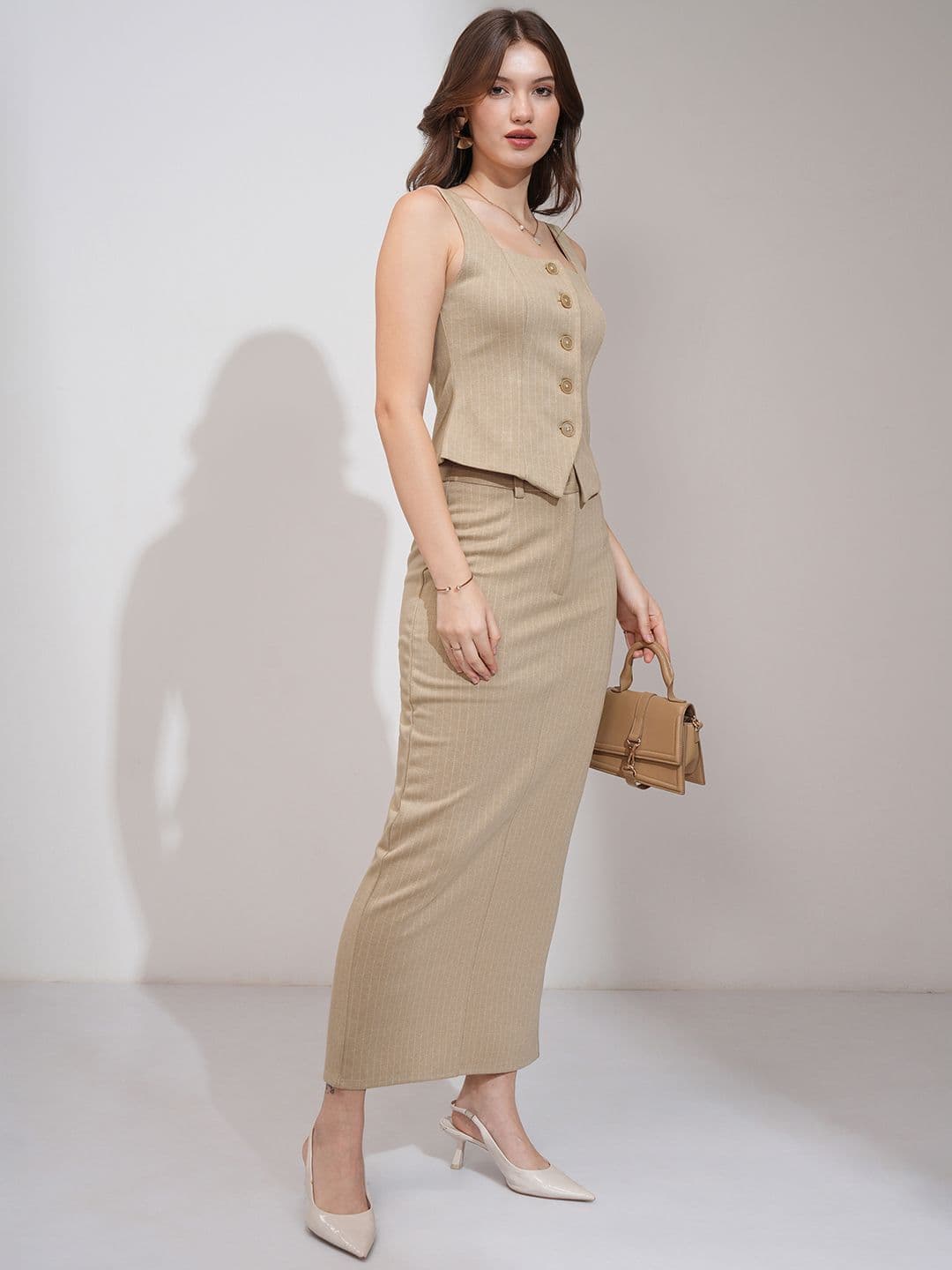 Chic by Tokyo Talkies Women Pinstriped Vest Midi Column Skirt Set — view 4