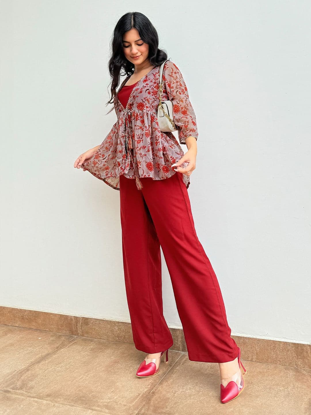 Janasya Women Solid Shoulder Straps Crop Top & Trousers with Floral Print Shrug