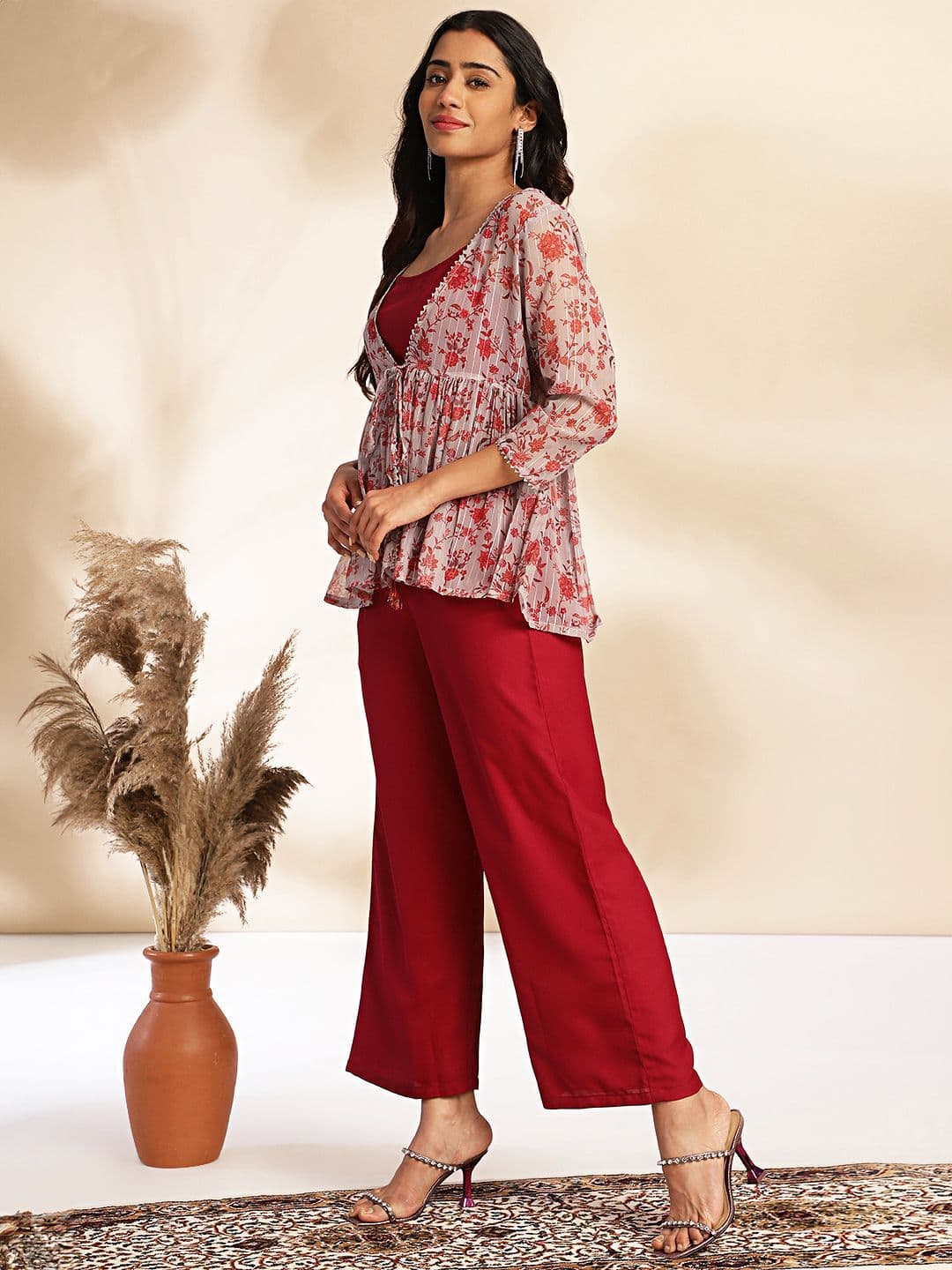 Janasya Women Solid Shoulder Straps Crop Top & Trousers with Floral Print Shrug — view 4