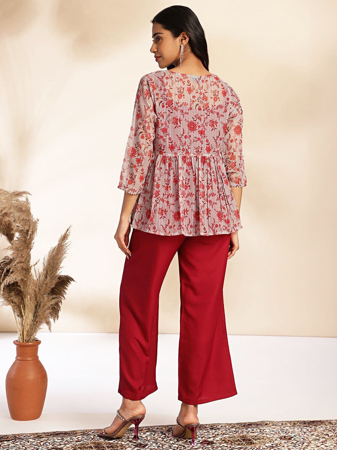 Janasya Women Solid Shoulder Straps Crop Top & Trousers with Floral Print Shrug — view 5