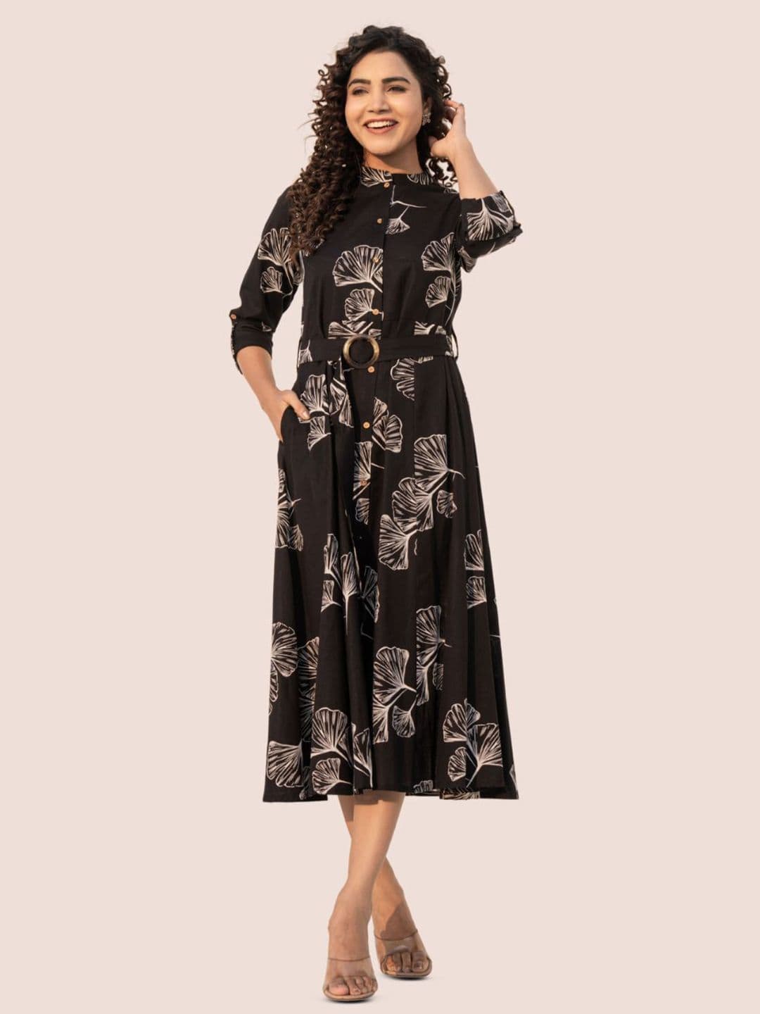 Kaftanize Women Black Bold Ginkgo Leaf Printed Fit-Flare Midi Dress In White Viscose — view 3