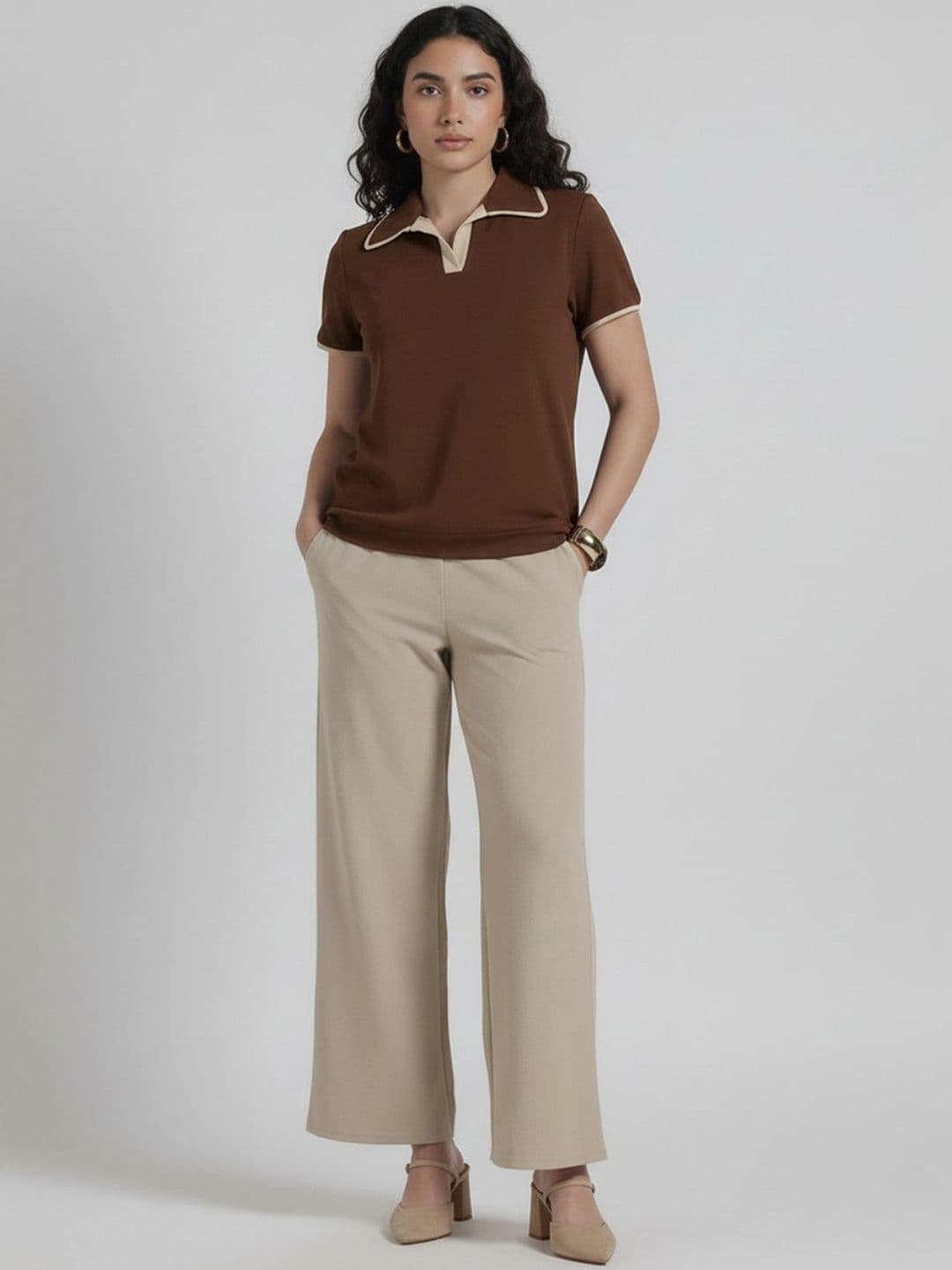 Brown Polo Collar Top & Beige Trousers Co-Ords — view 5