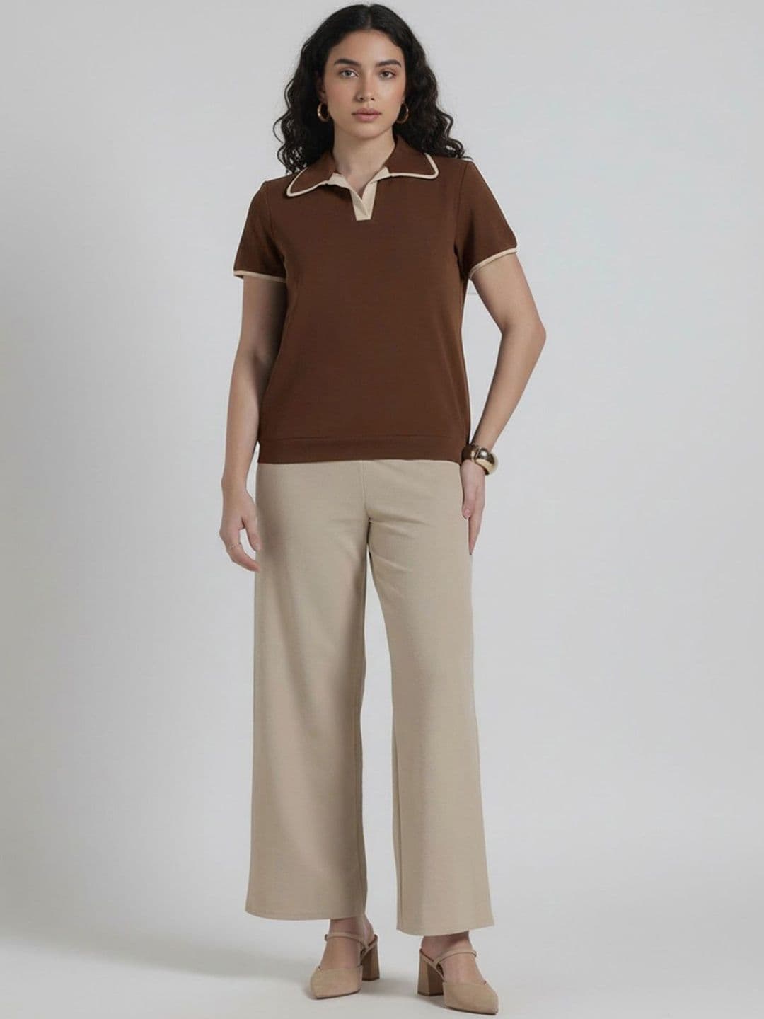 Brown Polo Collar Top & Beige Trousers Co-Ords — view 3