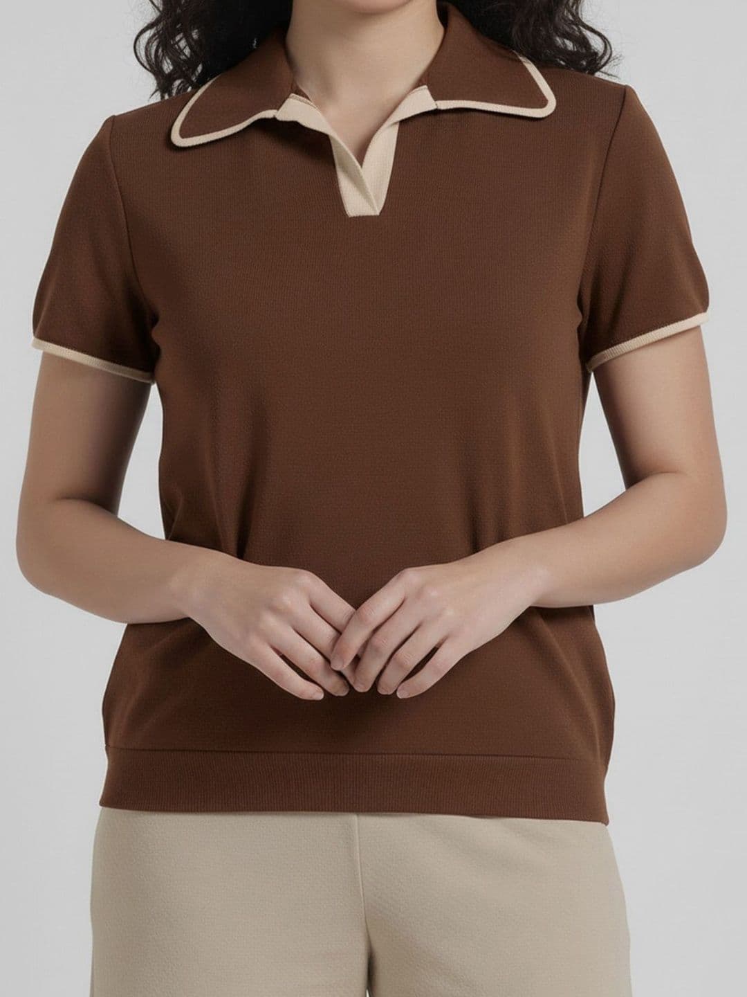 Brown Polo Collar Top & Beige Trousers Co-Ords — view 4