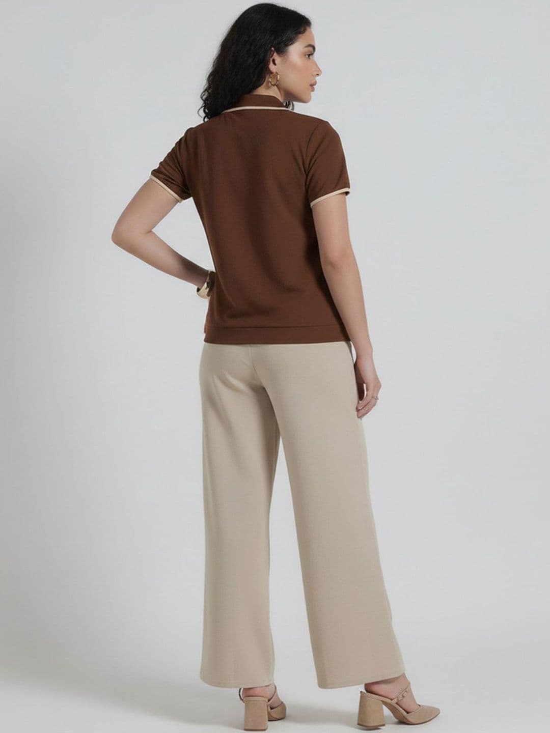 Brown Polo Collar Top & Beige Trousers Co-Ords — view 2