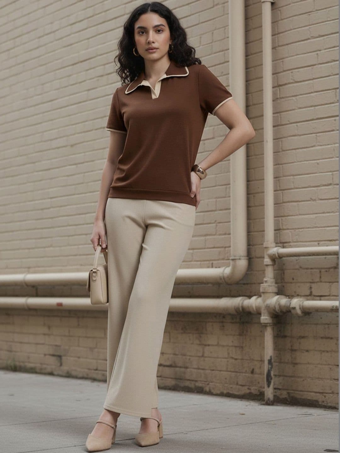 Brown Polo Collar Top & Beige Trousers Co-Ords