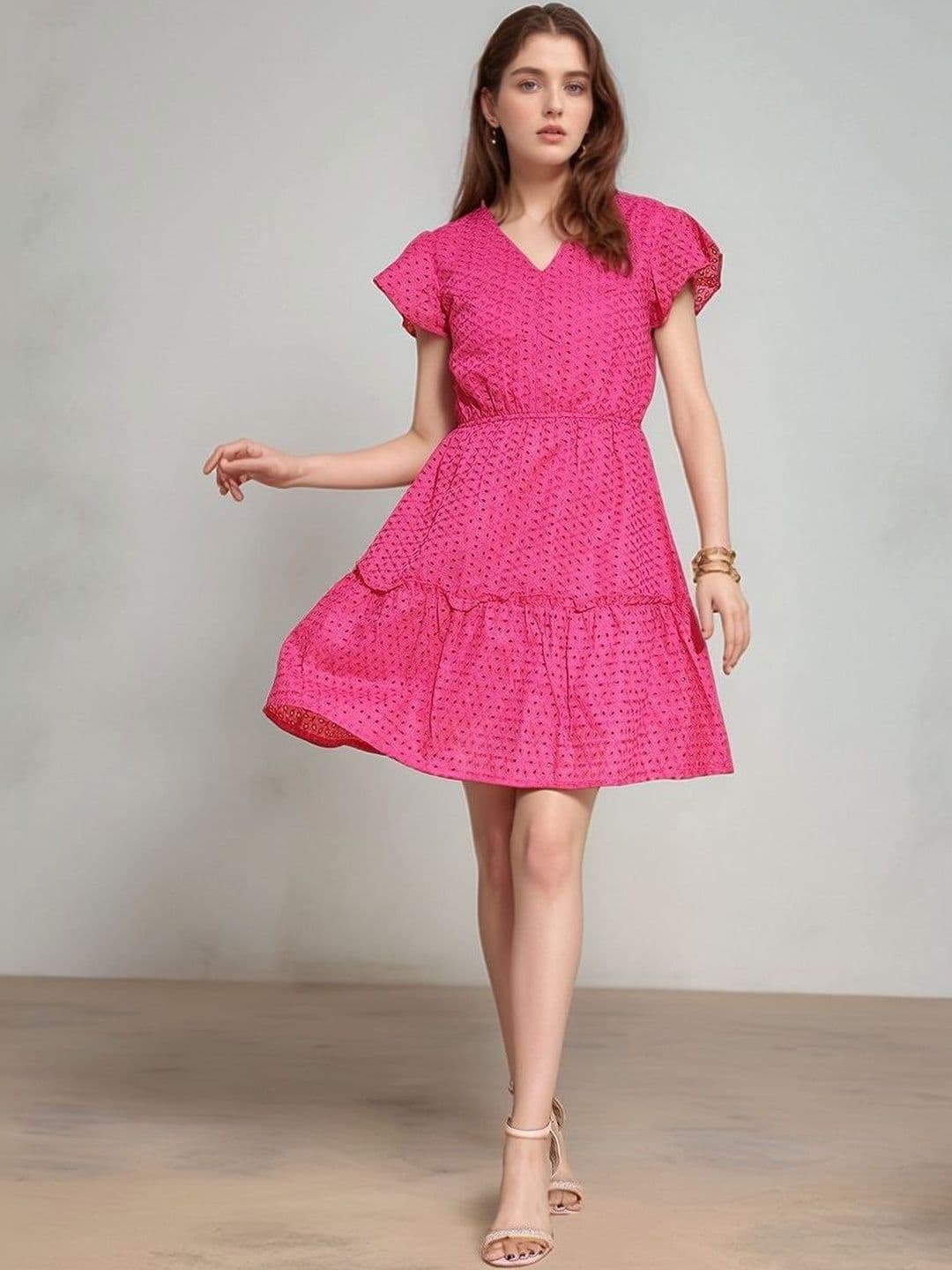 DressBerry Women's Pink Solid Schiffli Embroidered Mini Dresses