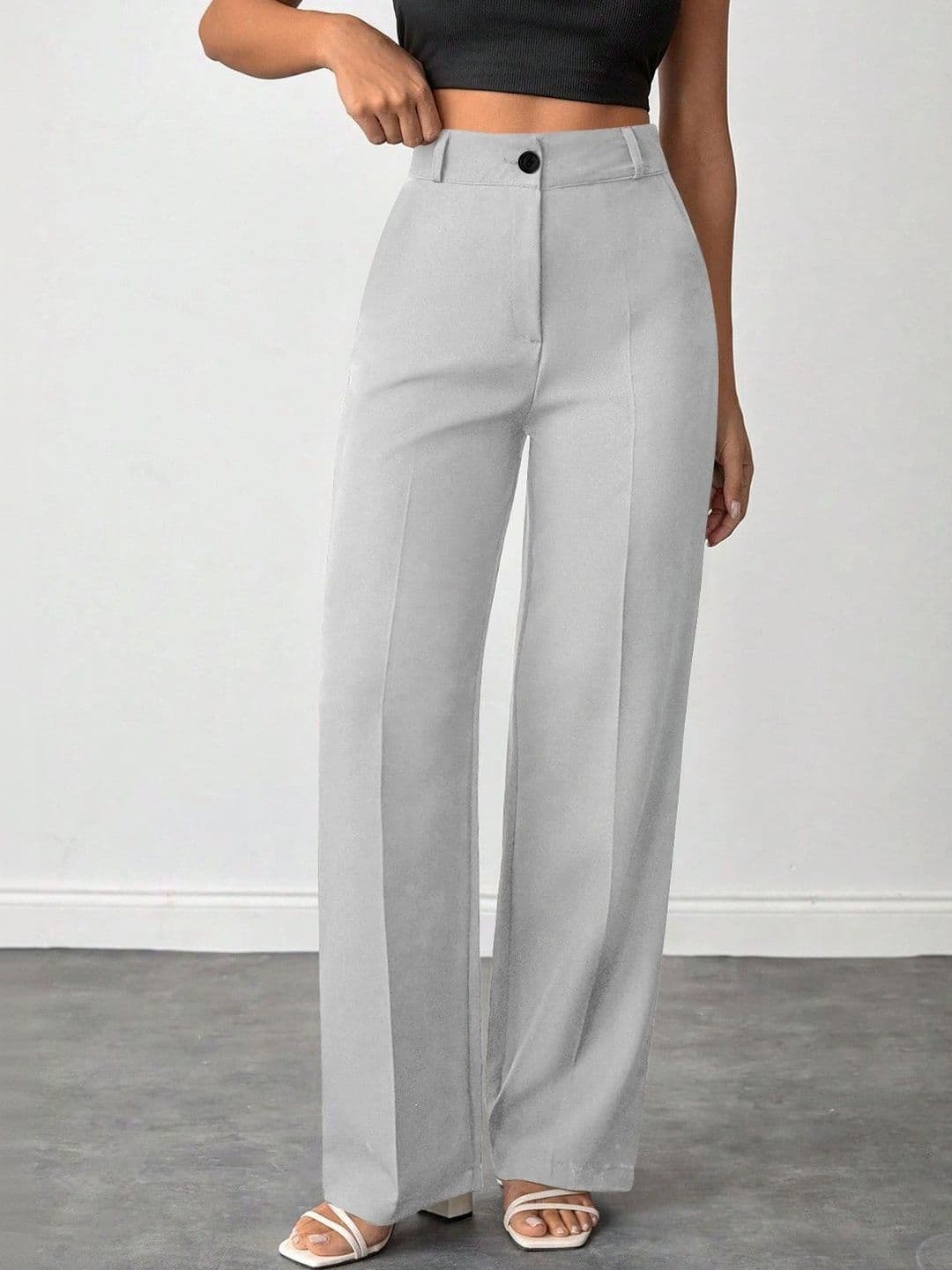 Crezyvezy Women Relaxed Straight Leg High-Rise Easy Wash Trousers