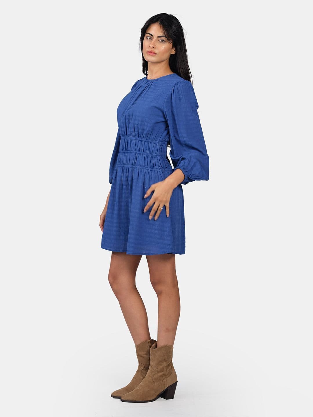 Virgio Women Solid Viscose Long Sleeves Round Neck Mini Dresses — view 3