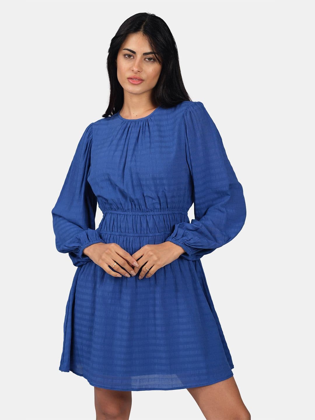 Virgio Women Solid Viscose Long Sleeves Round Neck Mini Dresses — view 2