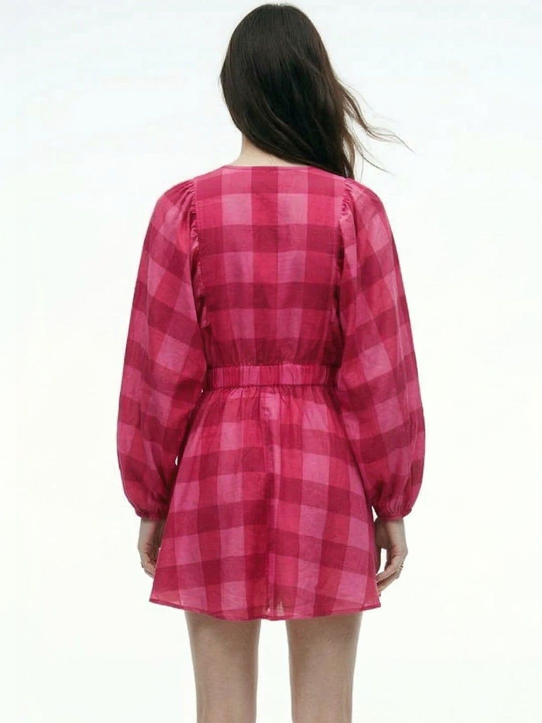 Outzidr Pink Plunge Neck Bold Checkered Mini Dress — view 4