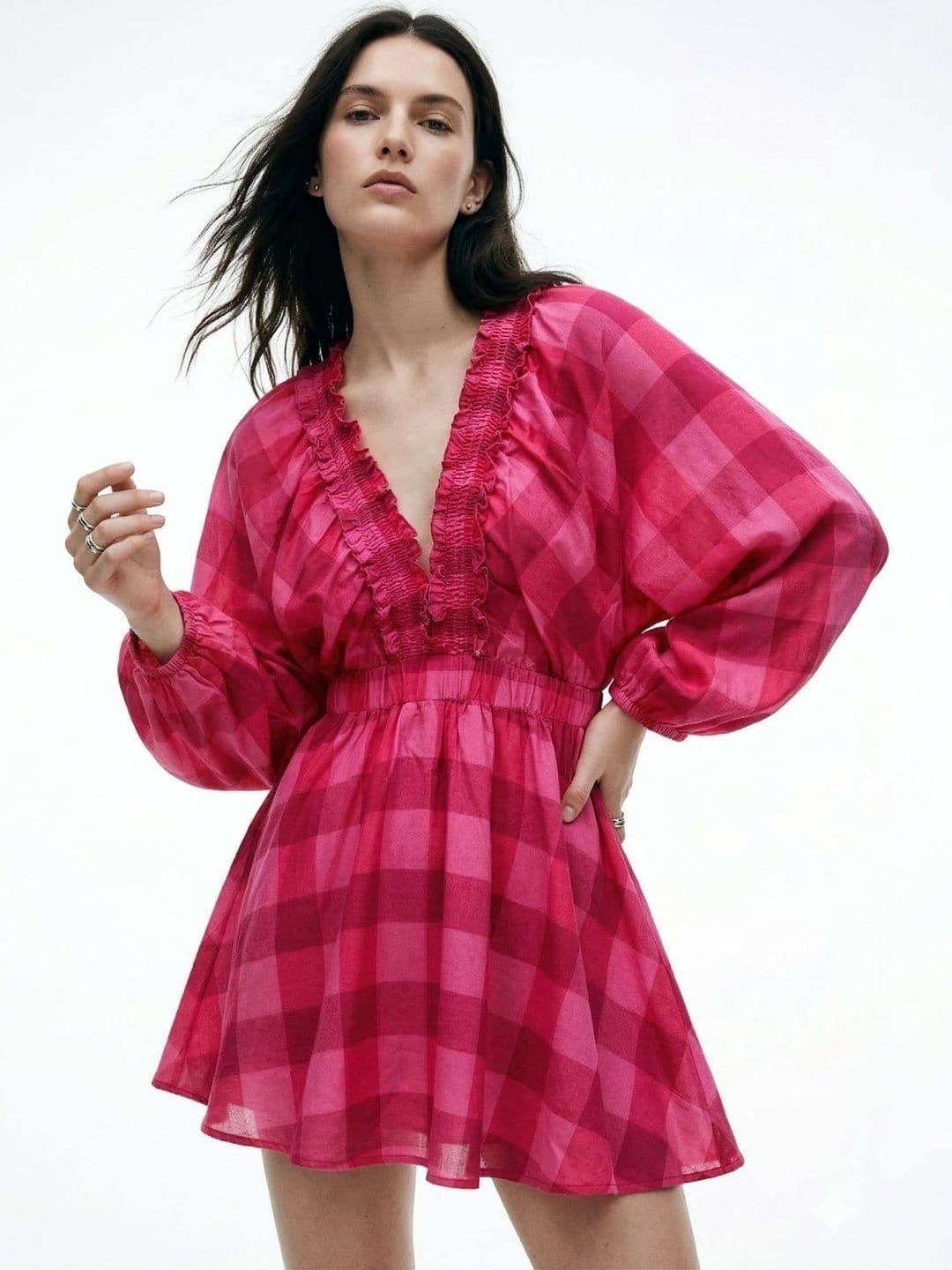 Outzidr Pink Plunge Neck Bold Checkered Mini Dress