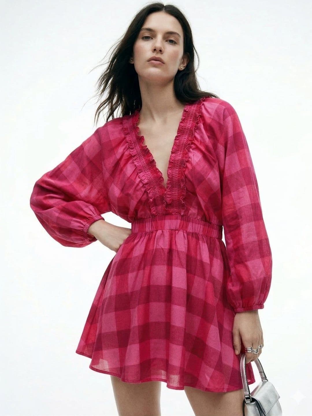 Outzidr Pink Plunge Neck Bold Checkered Mini Dress — view 2