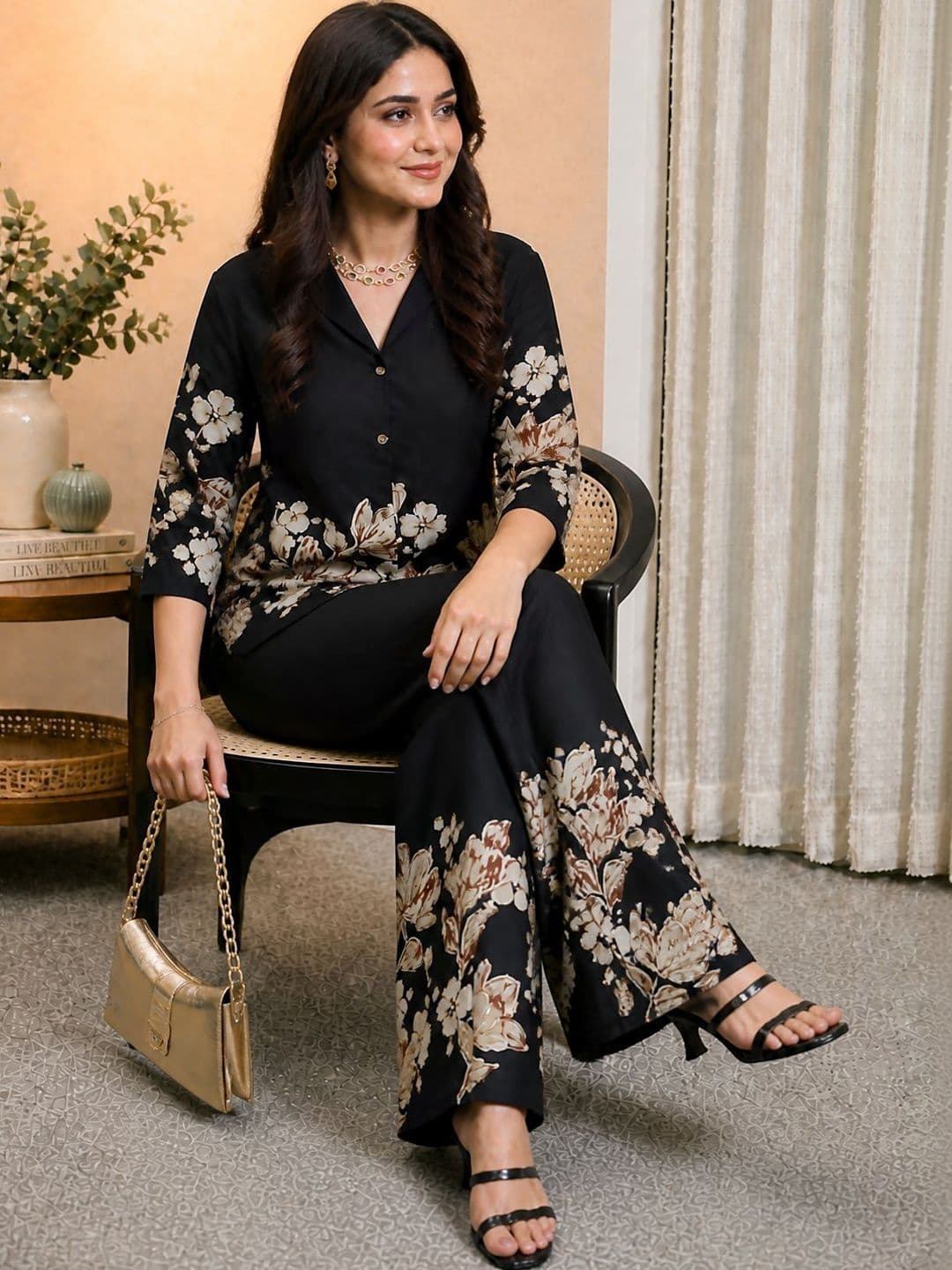 Claura Floral Printed Lapel Collar Shirt With Trousers Co-Ord Set — view 4