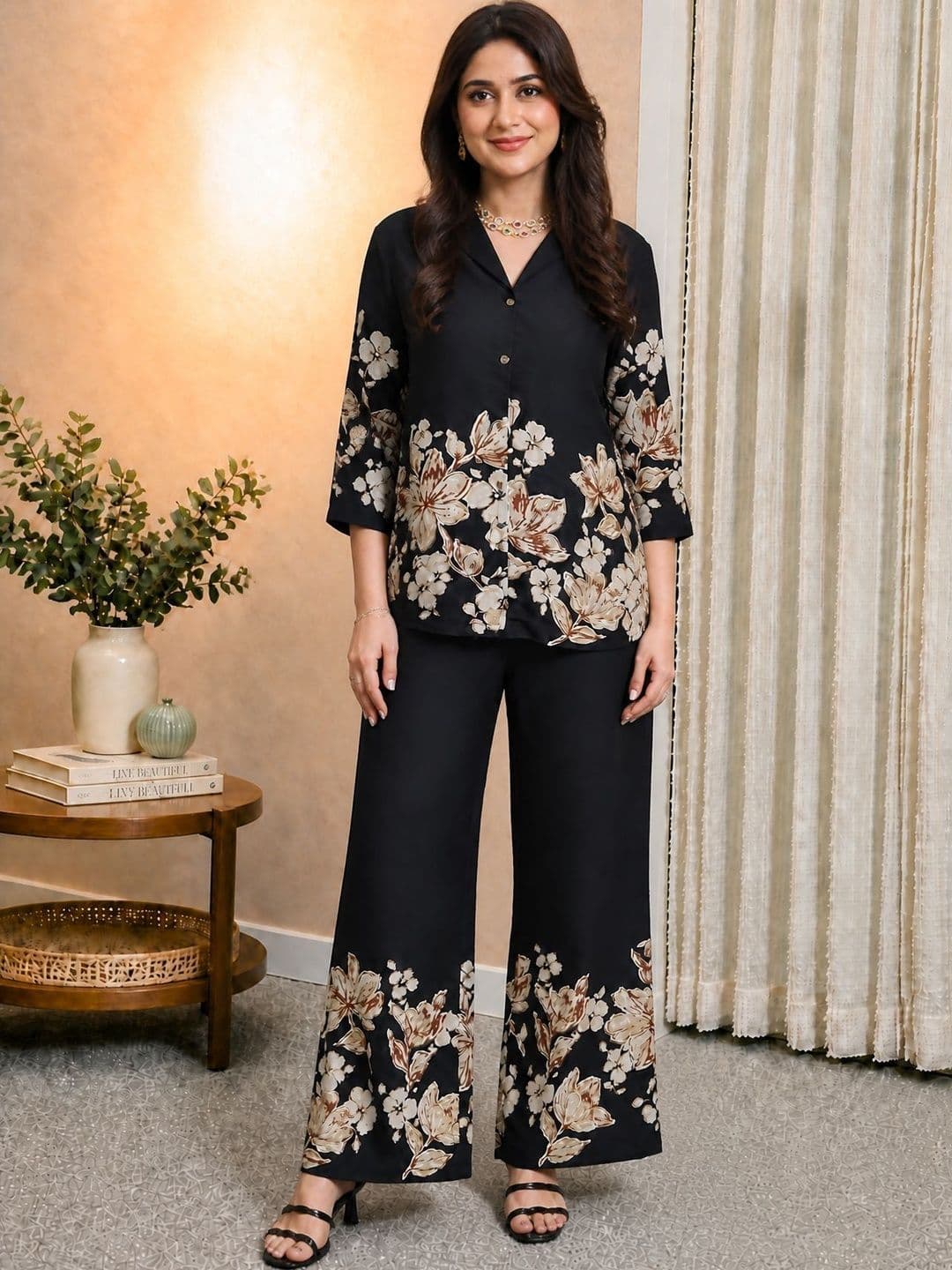 Claura Floral Printed Lapel Collar Shirt With Trousers Co-Ord Set