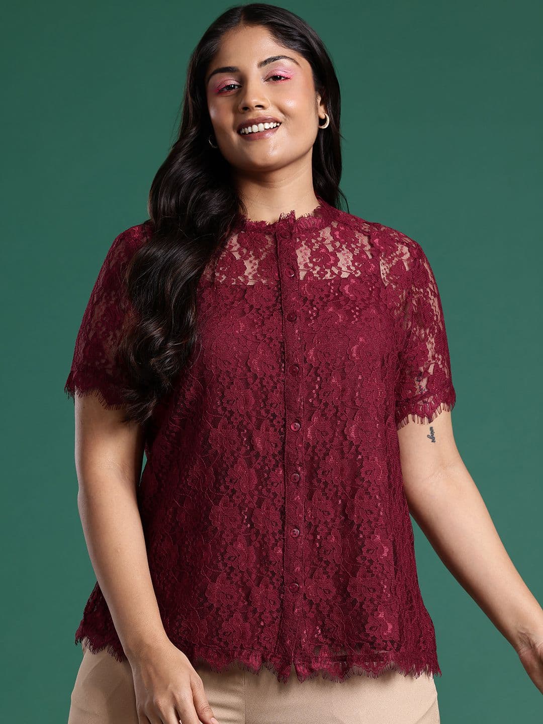 DressBerry Curve Plus Size Lace Shirt Style Top With Camisole — view 4